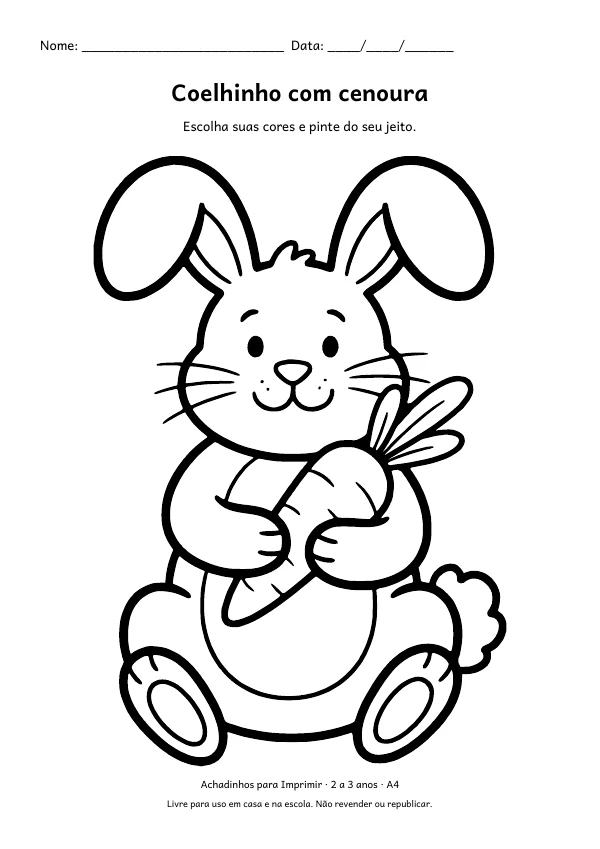 Desenho para colorir: Coelhinho com cenoura, traço grosso