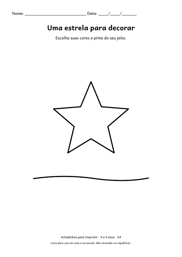 Folha A4: Uma estrela para decorar, contorno preto sobre fundo branco