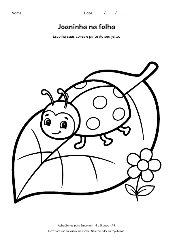Desenho para colorir: Joaninha na folha, traço grosso