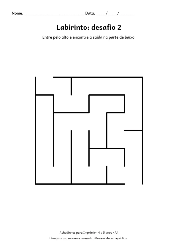 Folha A4: Labirinto: desafio 2, contorno preto sobre fundo branco