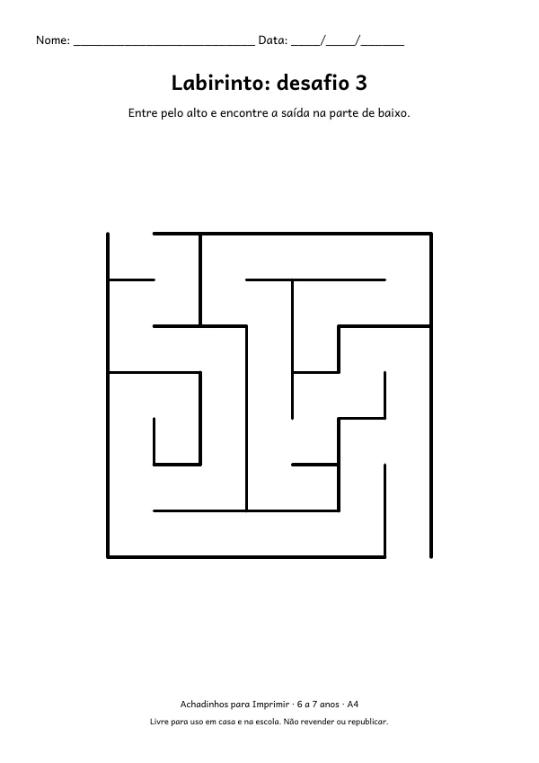 Folha A4: Labirinto: desafio 3, contorno preto sobre fundo branco