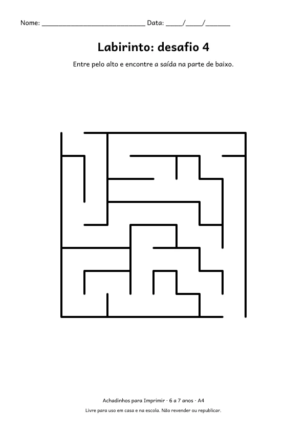 Folha A4: Labirinto: desafio 4, contorno preto sobre fundo branco