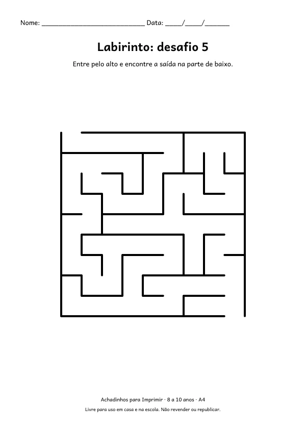 Folha A4: Labirinto: desafio 5, contorno preto sobre fundo branco