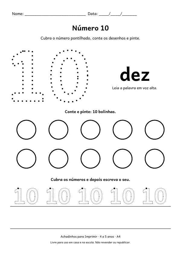 Folha do número 10 (dez) para cobrir o pontilhado, com 10 bolinhas para contar e pintar