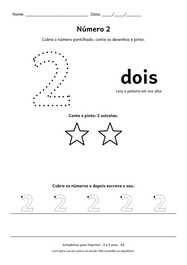 Folha do número 2 (dois) para cobrir o pontilhado, com 2 estrelas para contar e pintar