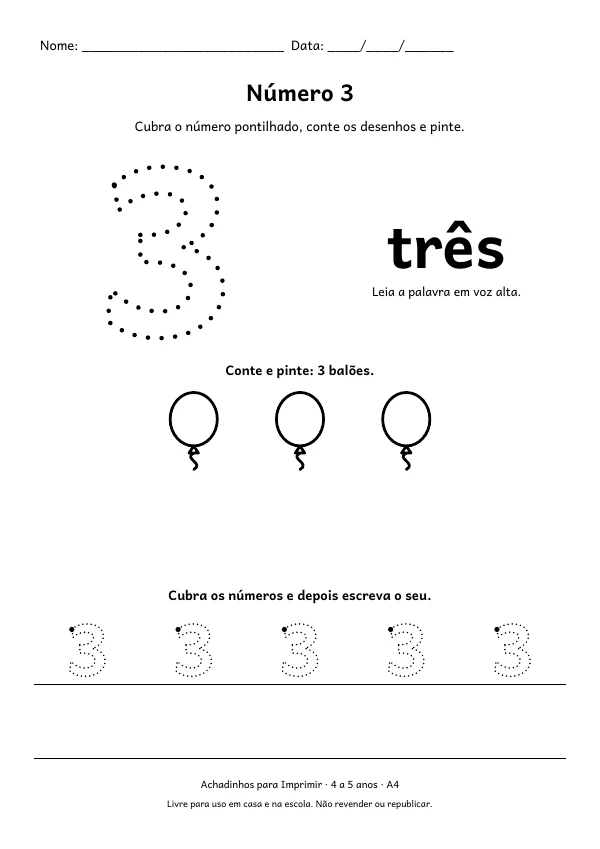Folha do número 3 (três) para cobrir o pontilhado, com 3 balões para contar e pintar