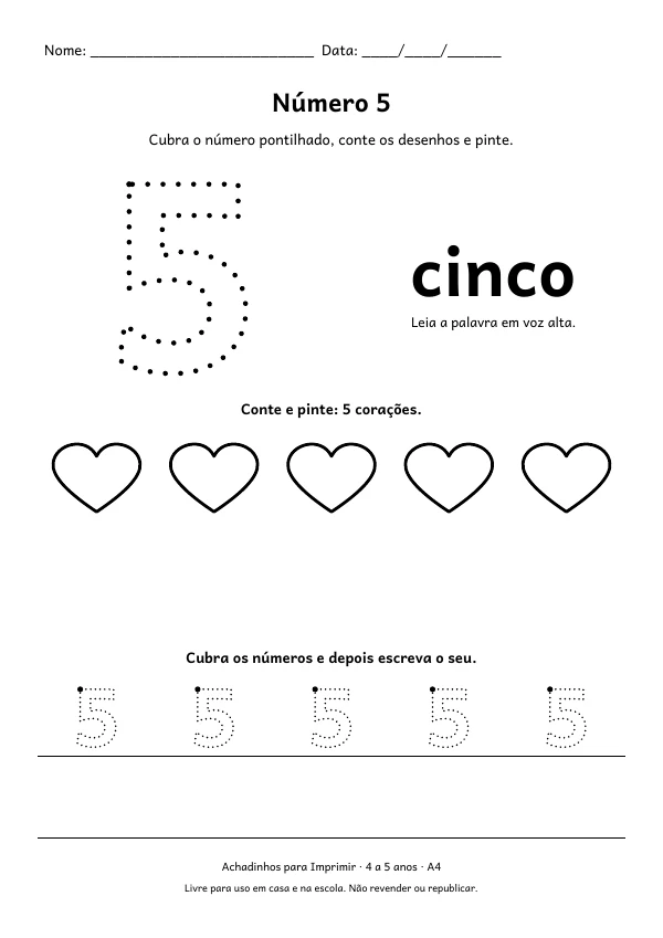 Folha do número 5 (cinco) para cobrir o pontilhado, com 5 corações para contar e pintar