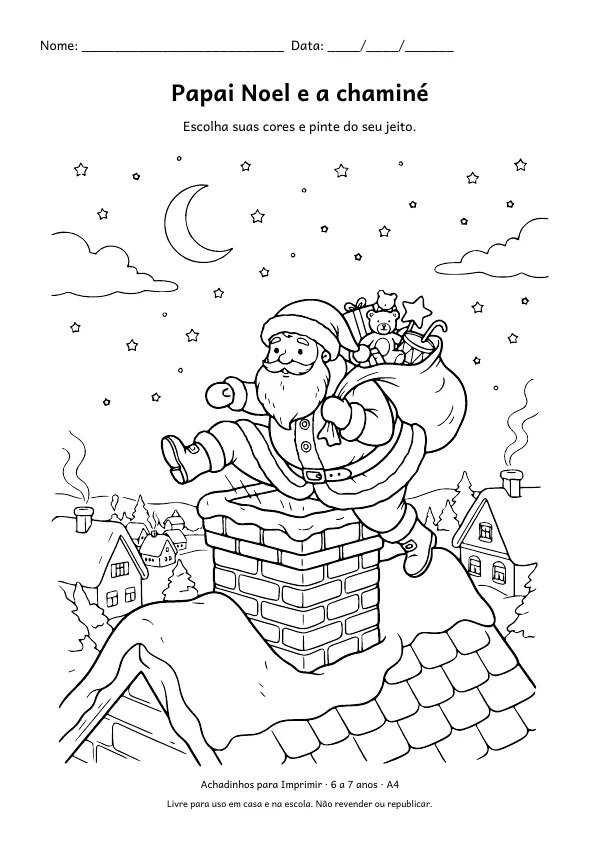 Desenho para colorir: Papai Noel e a chaminé, traço fino