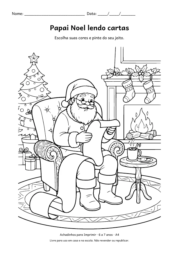 Desenho para colorir: Papai Noel lendo cartas, traço fino