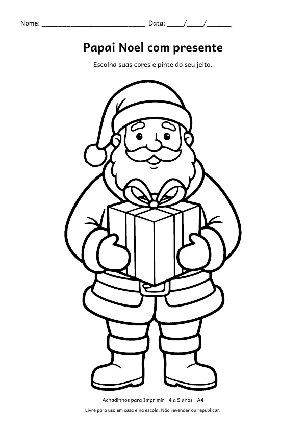 Desenho para colorir: Papai Noel com presente, traço grosso