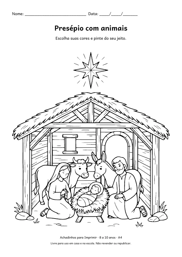 Desenho para colorir: Presépio com animais, traço fino