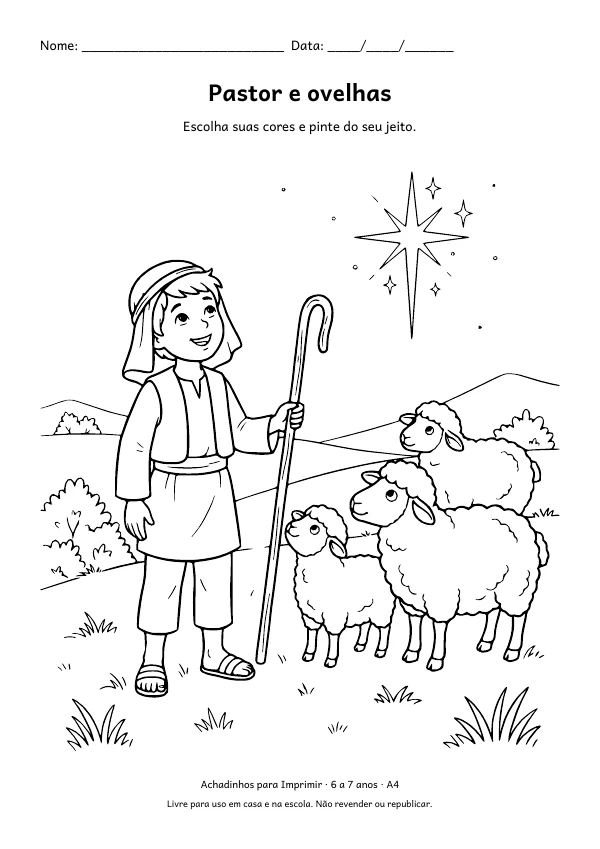 Desenho para colorir: Pastor e ovelhas, traço fino