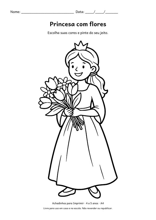 Desenho para colorir: Princesa com flores, traço grosso