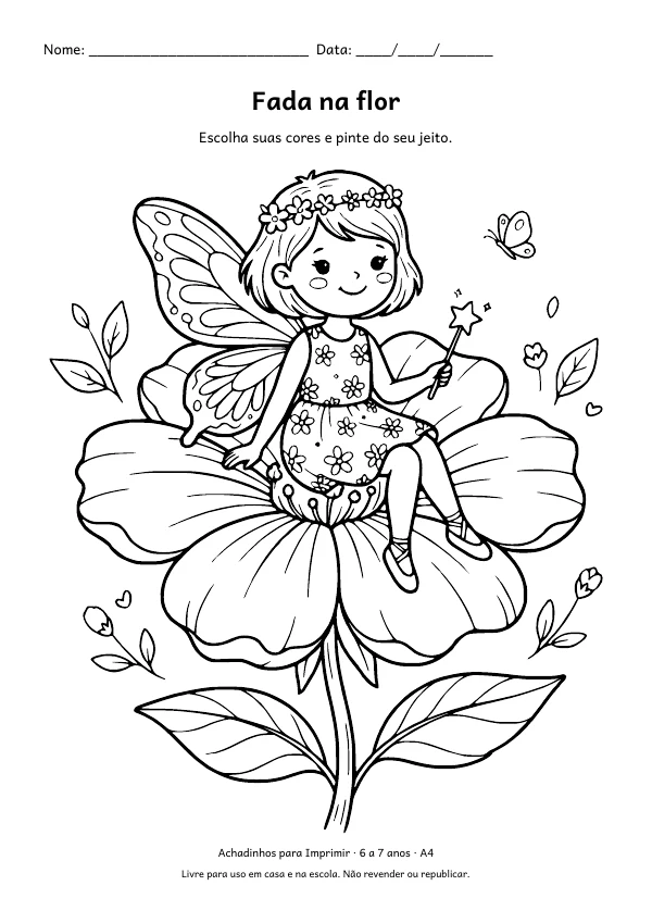 Desenho para colorir: Fada na flor, traço fino