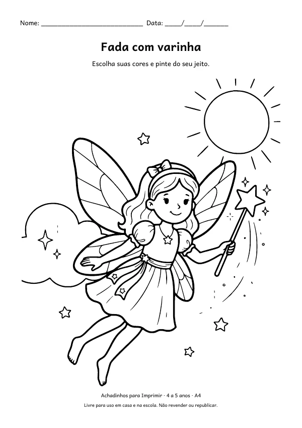 Desenho para colorir: Fada com varinha, traço grosso