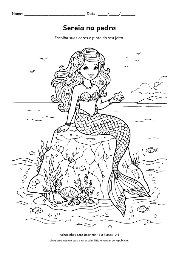 Desenho para colorir: Sereia na pedra, traço fino