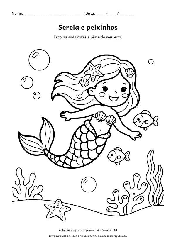 Desenho para colorir: Sereia e peixinhos, traço grosso