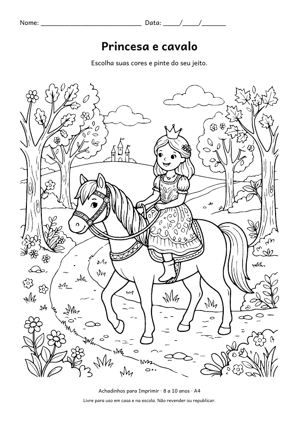 Desenho para colorir: Princesa e cavalo, traço fino