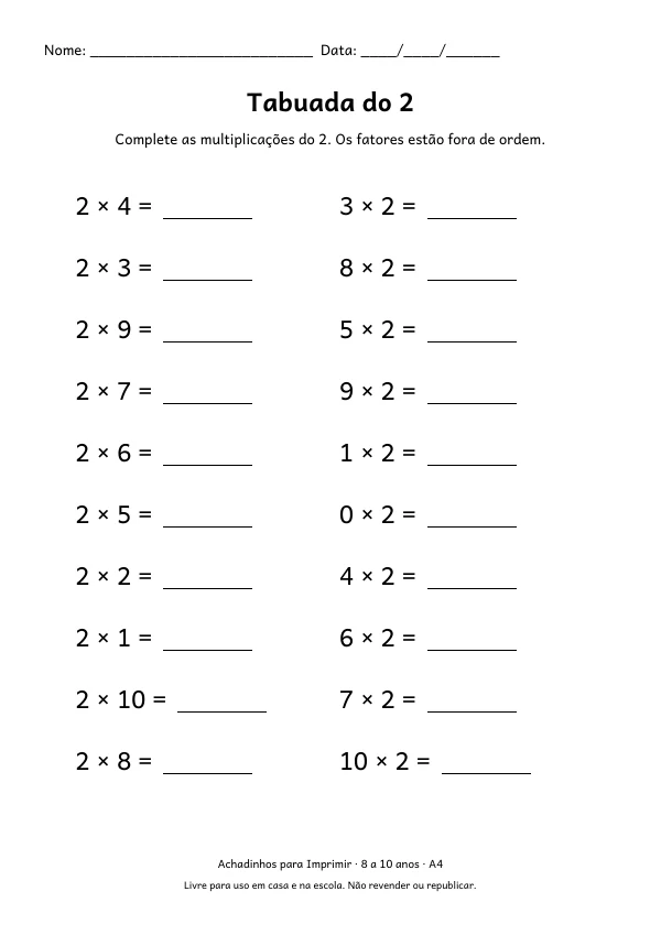 Folha de treino da tabuada do 2, com 20 multiplicações para completar