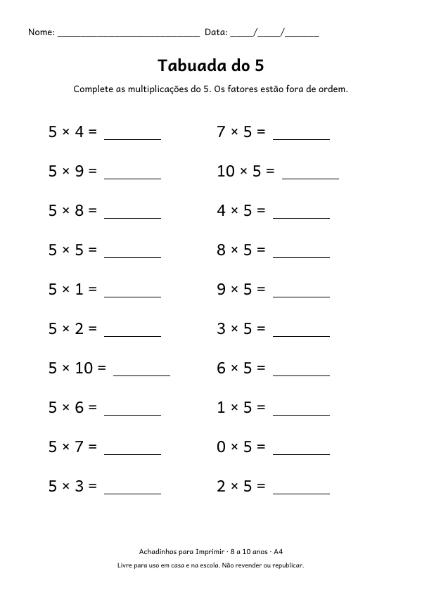 Folha de treino da tabuada do 5, com 20 multiplicações para completar