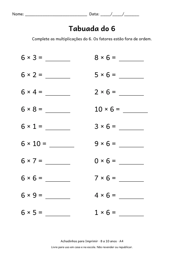 Folha de treino da tabuada do 6, com 20 multiplicações para completar