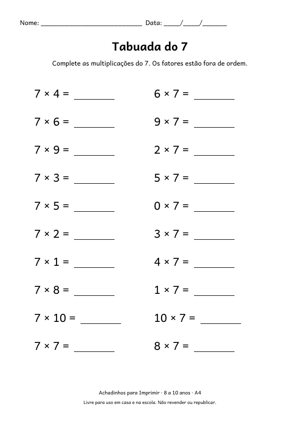 Folha de treino da tabuada do 7, com 20 multiplicações para completar