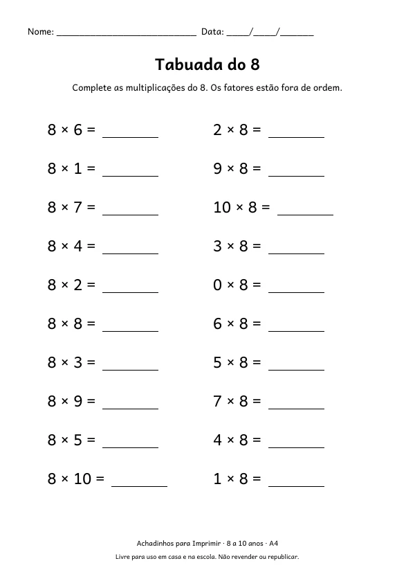 Folha de treino da tabuada do 8, com 20 multiplicações para completar
