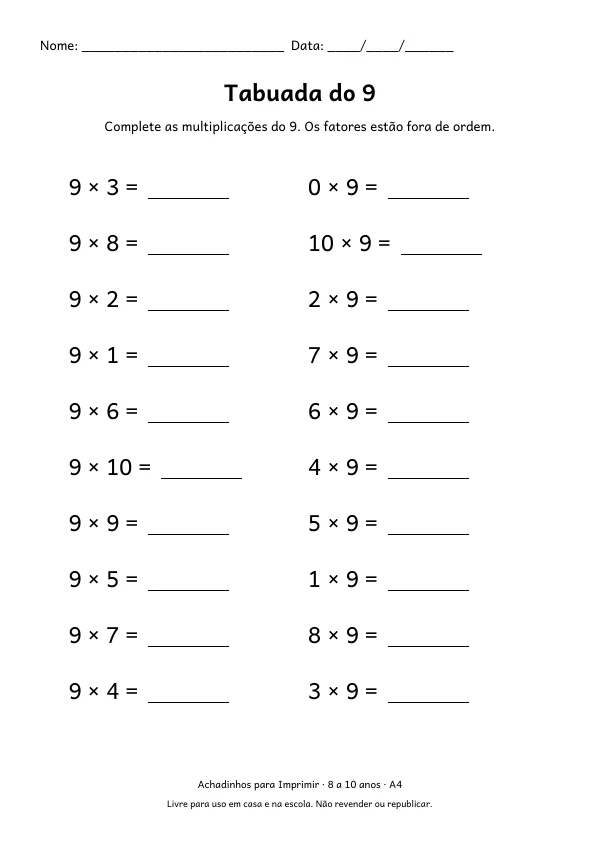 Folha de treino da tabuada do 9, com 20 multiplicações para completar