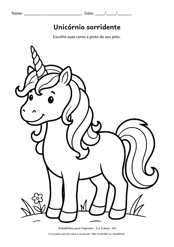 Desenho para colorir: Unicórnio sorridente, traço grosso