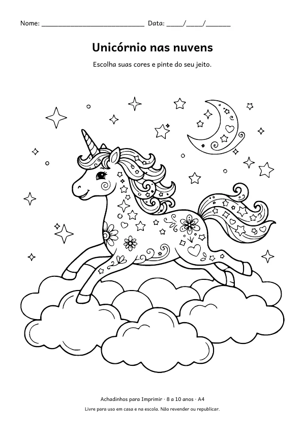 Desenho para colorir: Unicórnio nas nuvens, traço fino