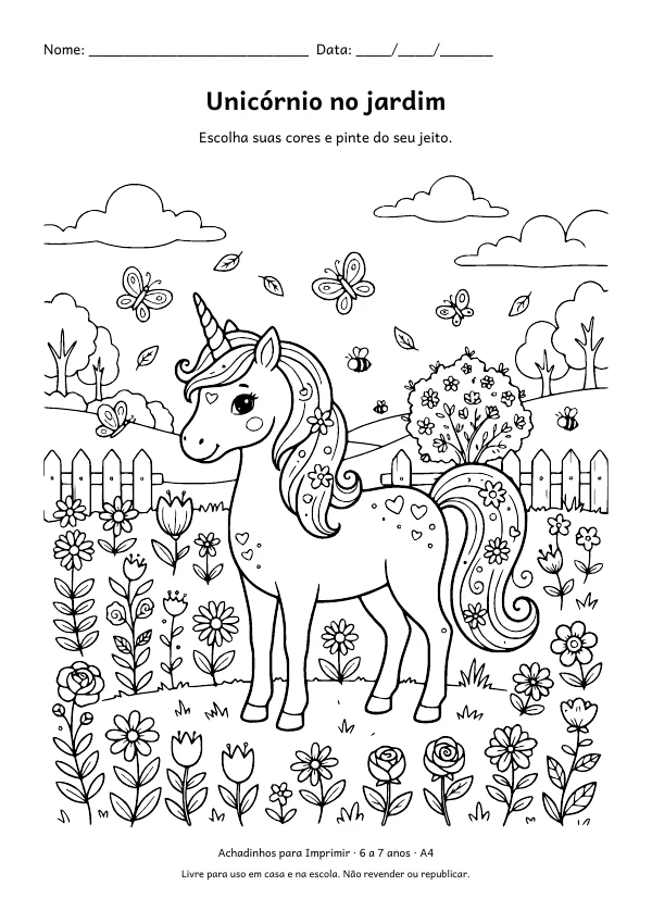 Desenho para colorir: Unicórnio no jardim, traço fino