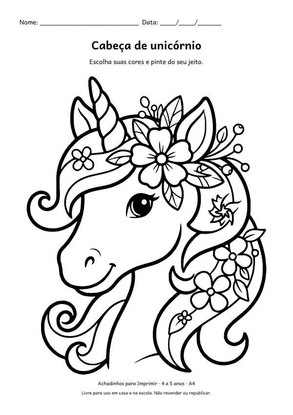 Desenho para colorir: Cabeça de unicórnio, traço grosso
