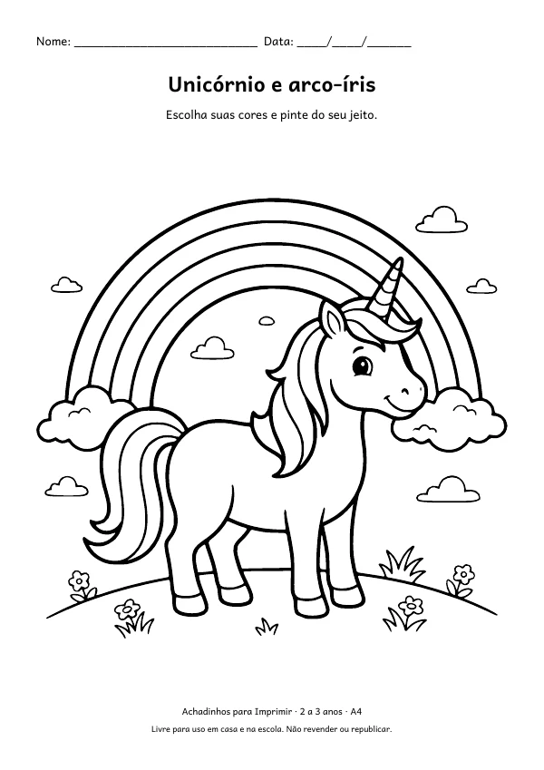 Desenho para colorir: Unicórnio e arco-íris, traço grosso