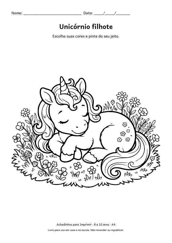 Desenho para colorir: Unicórnio filhote, traço fino